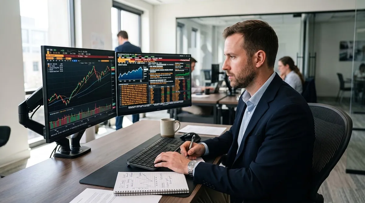 A trader at a desk reading market charts on two monitors