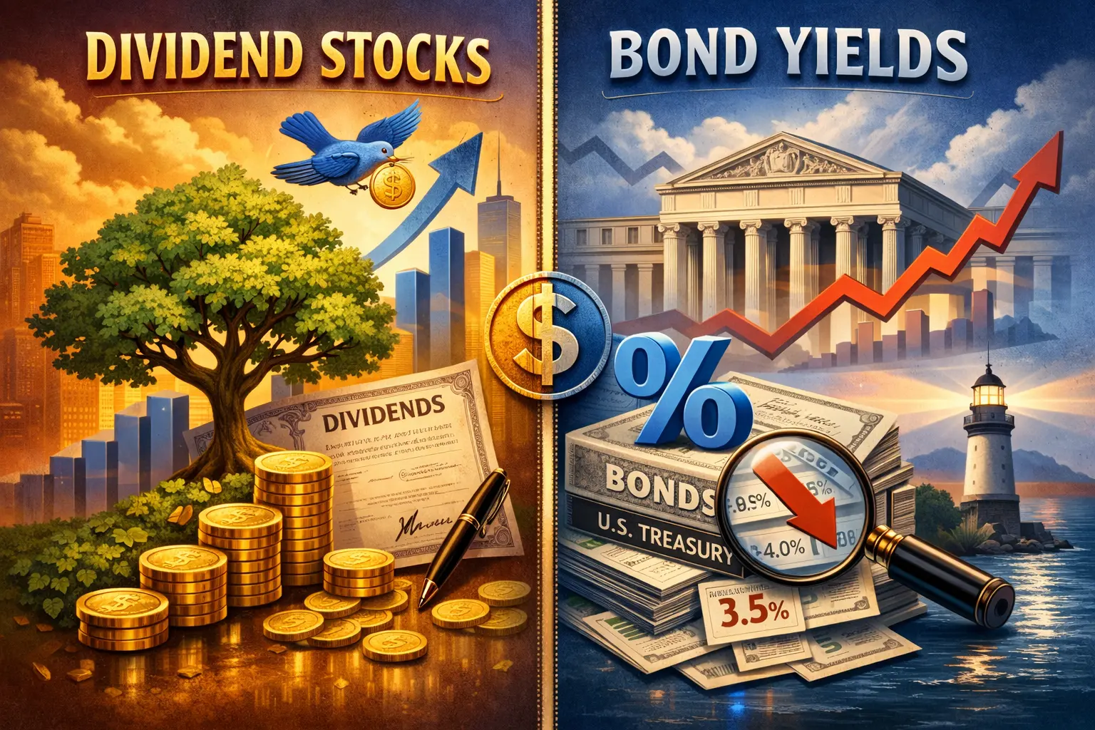 A balance between dividend stocks and bond yields: growing dividend income on one side, a fixed Treasury coupon on the other