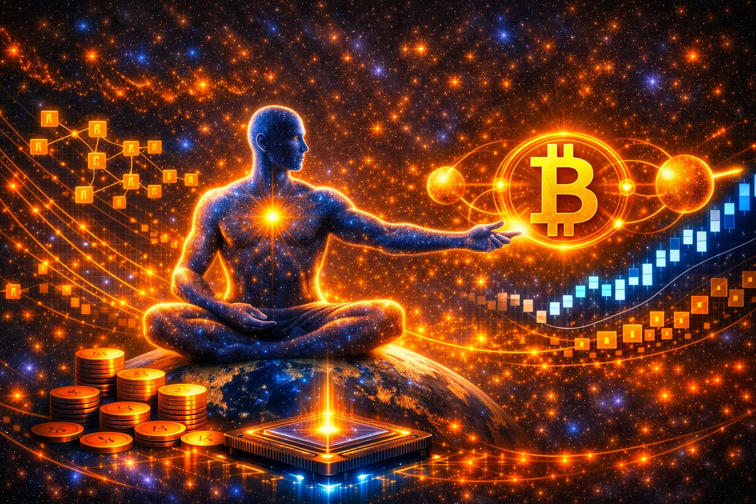 A quantum computing chip confronting a Bitcoin coin, illustrating the question of whether quantum computers threaten Bitcoin's cryptography
