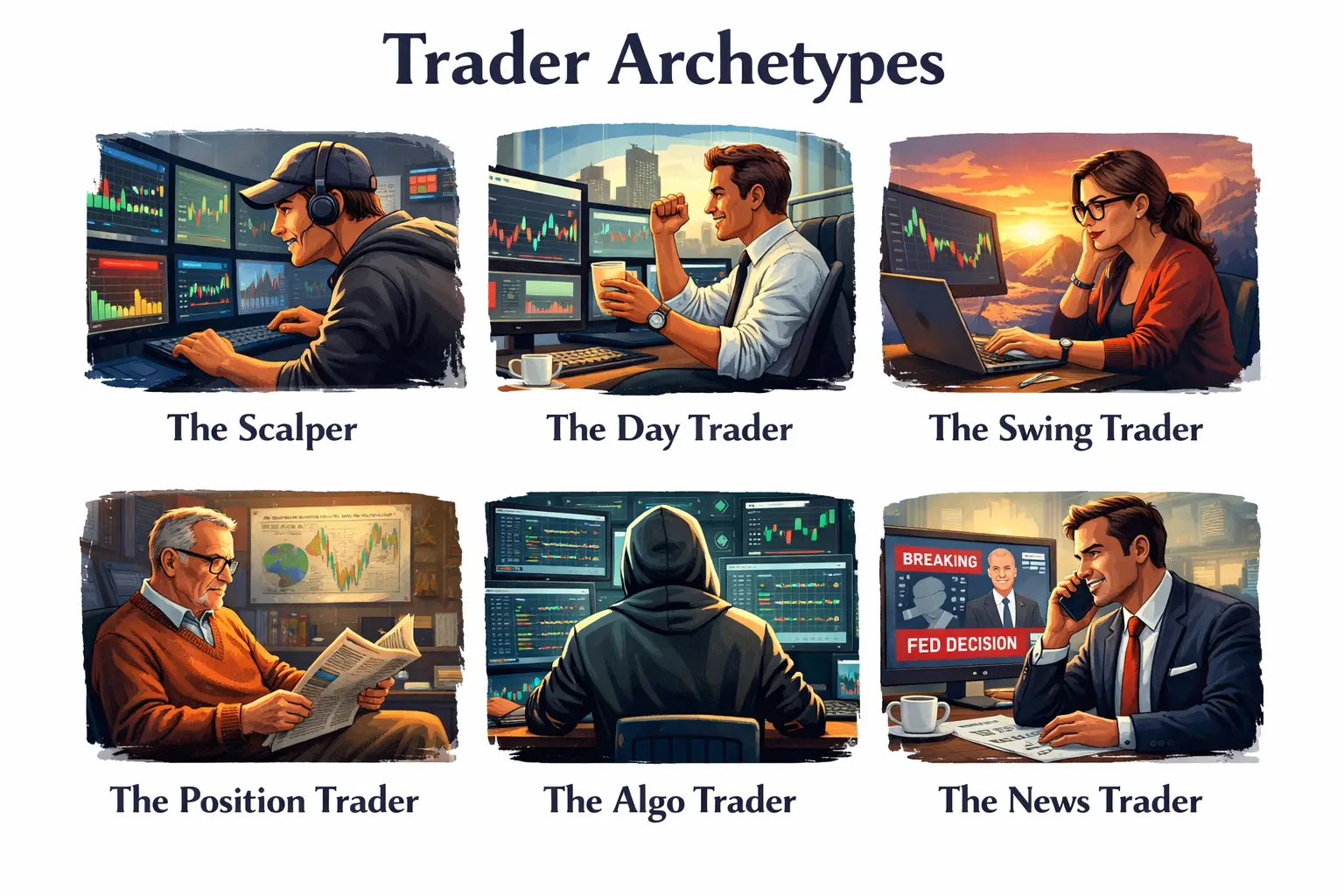 Six trader archetypes illustrated: the scalper at a multi-screen desk, the day trader closing a winning session, the swing trader working from a laptop, the position trader reading a newspaper by a wall chart, the algorithmic trader watching automated systems, and the news trader reacting to a Fed decision headline